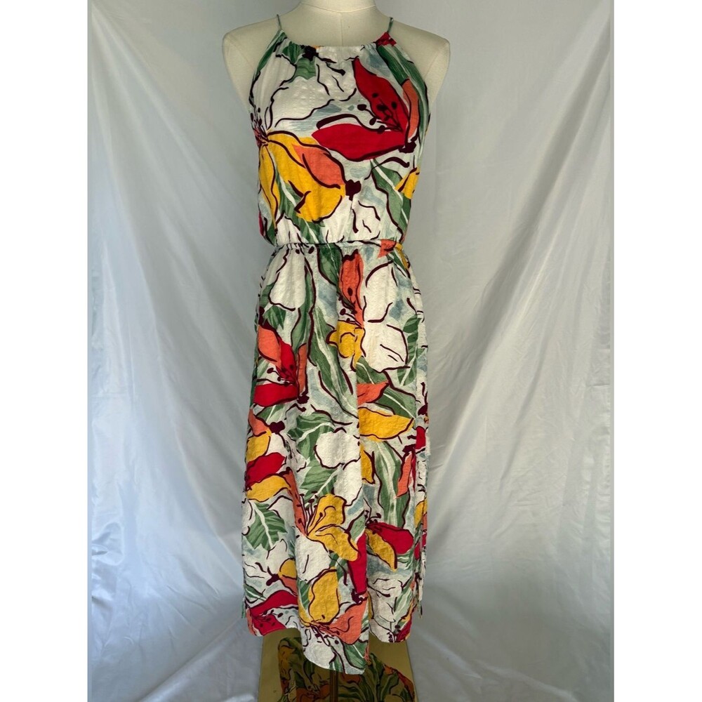 Gilli Tropical Floral Halter Neck Cut Out Waist Midi Dress Large